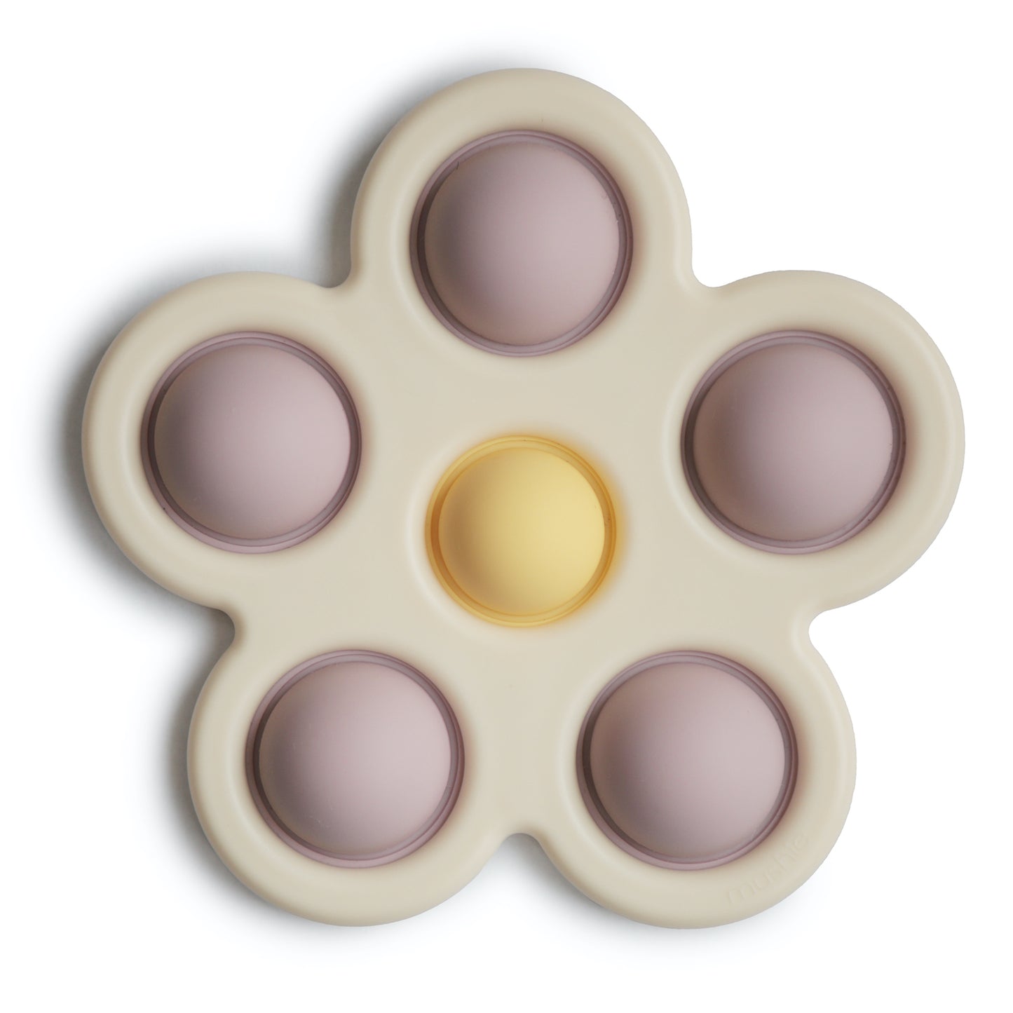 Presstoy van het merk Mushie in de vorm van een bloem, bijtspeeltje mushie in kleur "Soft Lilac" voor baby en peuter, motorisch speelgoed