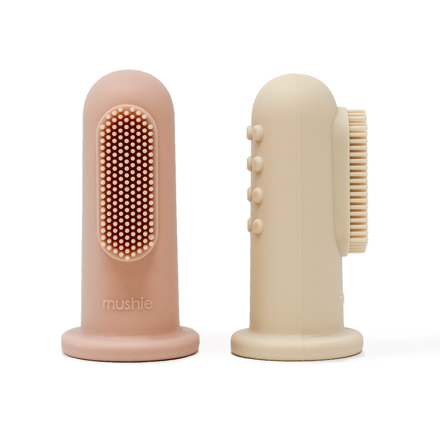 Mushie siliconen tandenborstel voor baby in kleuren Blush en Shifting Sand