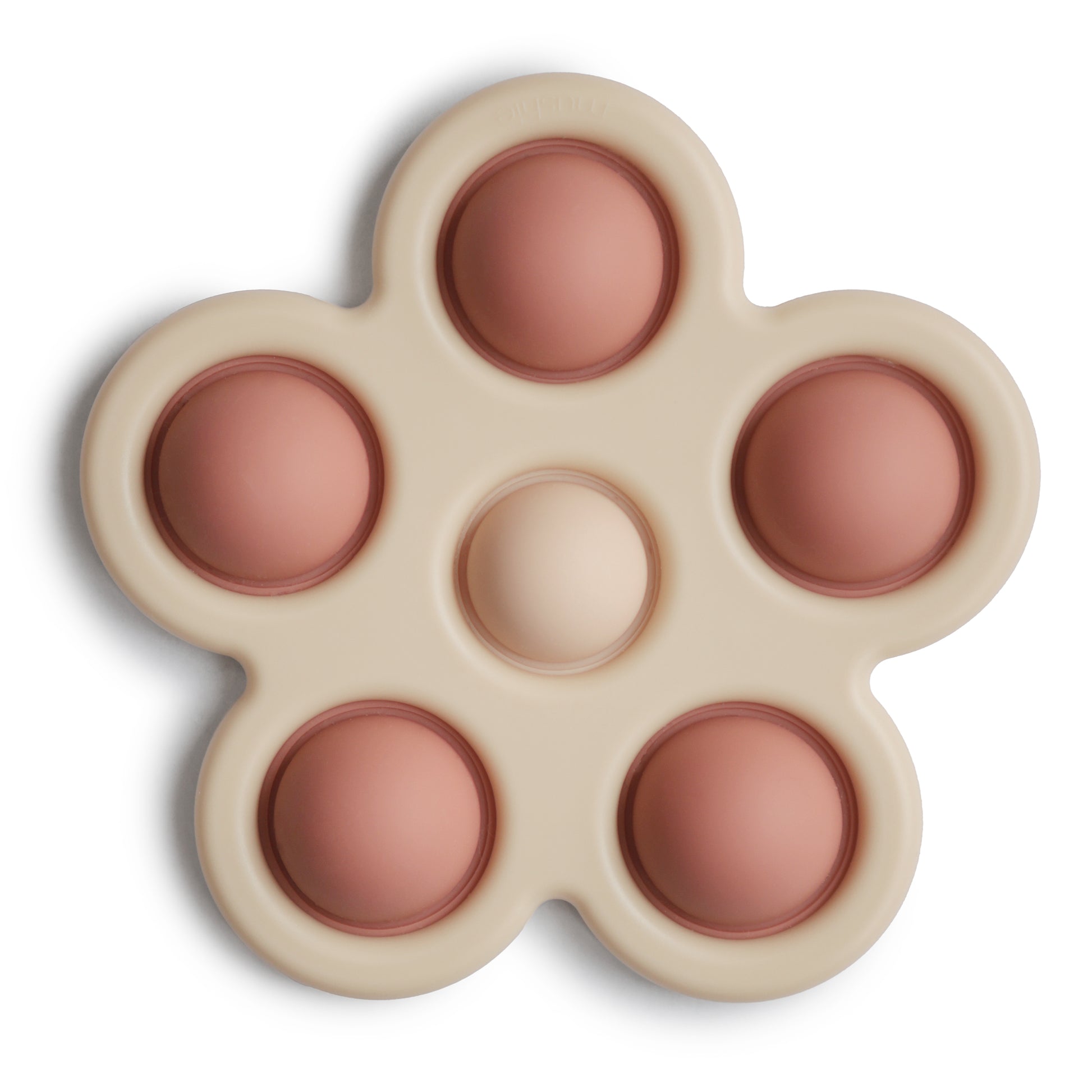 Presstoy van het merk Mushie in de vorm van een bloem, bijtspeeltje mushie in kleur "Rose" voor baby en peuter, motorisch speelgoed